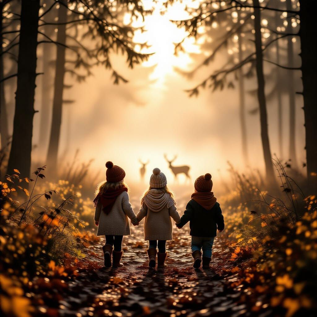 Magical Foggy Forest at Dawn with Children