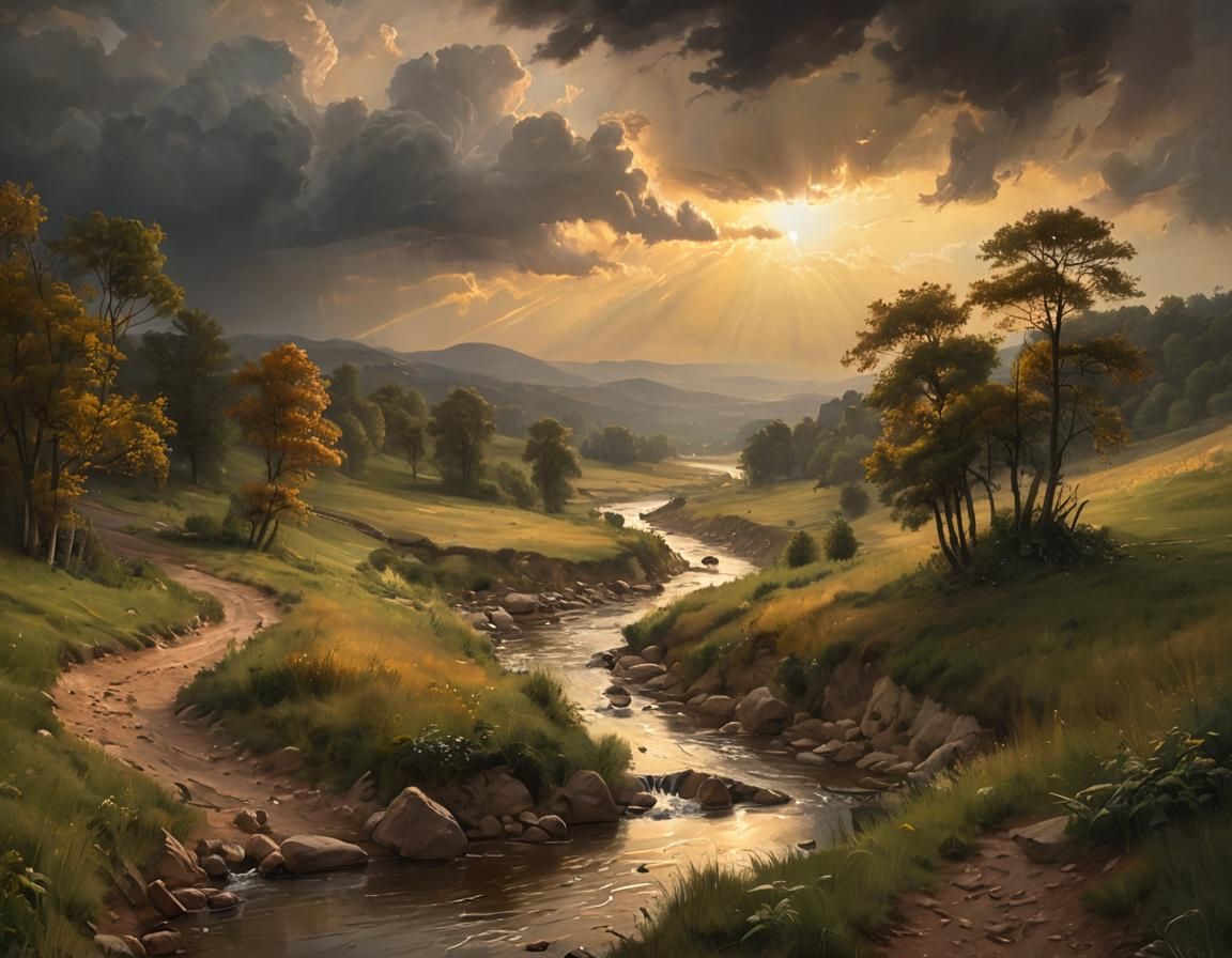 Idyllic Late Summer Scene with Winding Stream and Golden Hou...
