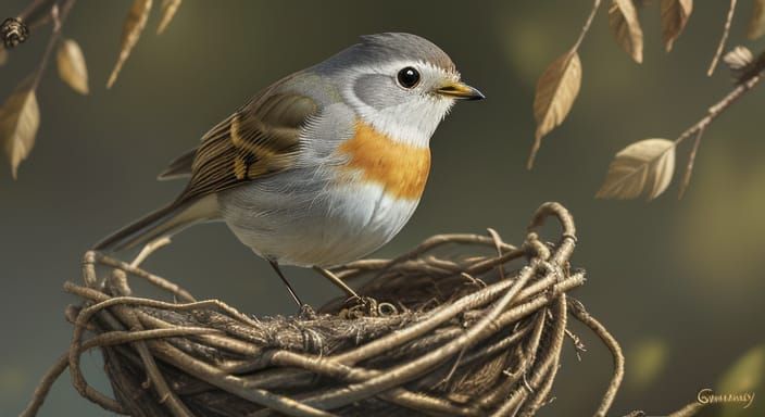 Proud Robin in Mischievous Nest: Impressionist Oil Painting