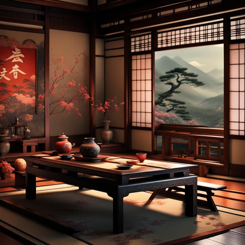 Ancient Japanese Room with Scrolls: Digital Matte Painting