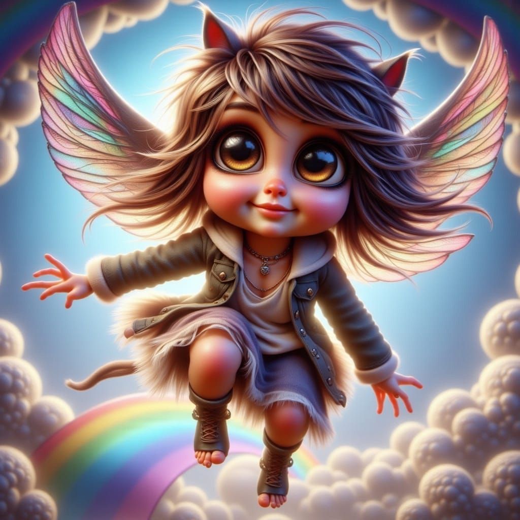 Whimsical Bohemian Girl Flies with Rainbow Unicorn