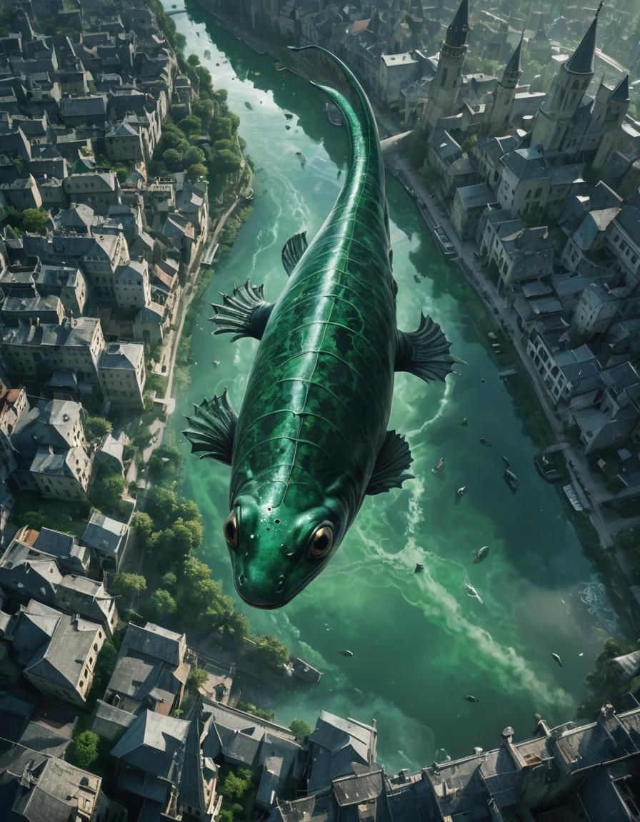 Giant Tadpole Creature Flies Over Medieval City