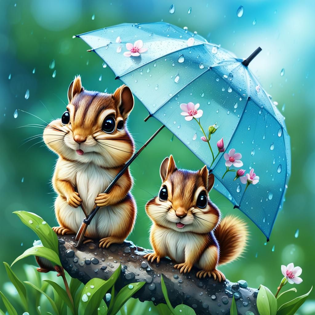 Chibi Chipmunk Family in Spring Rain