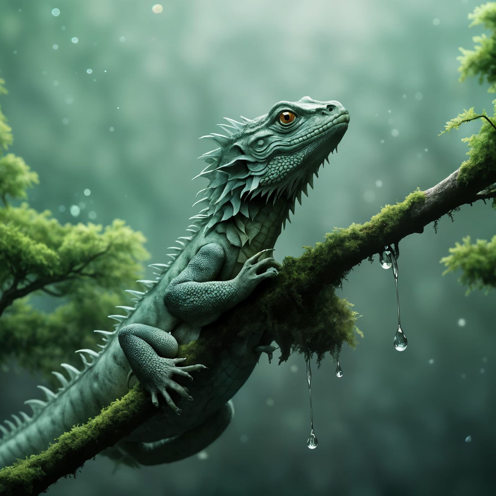 Surreal Water Dragon Perches on Mossy Branch, Holding Raindr...
