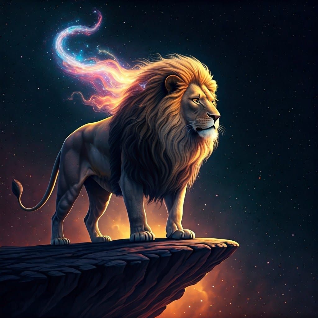 Surreal Lion of Starlight Majesty in Cosmic Landscape