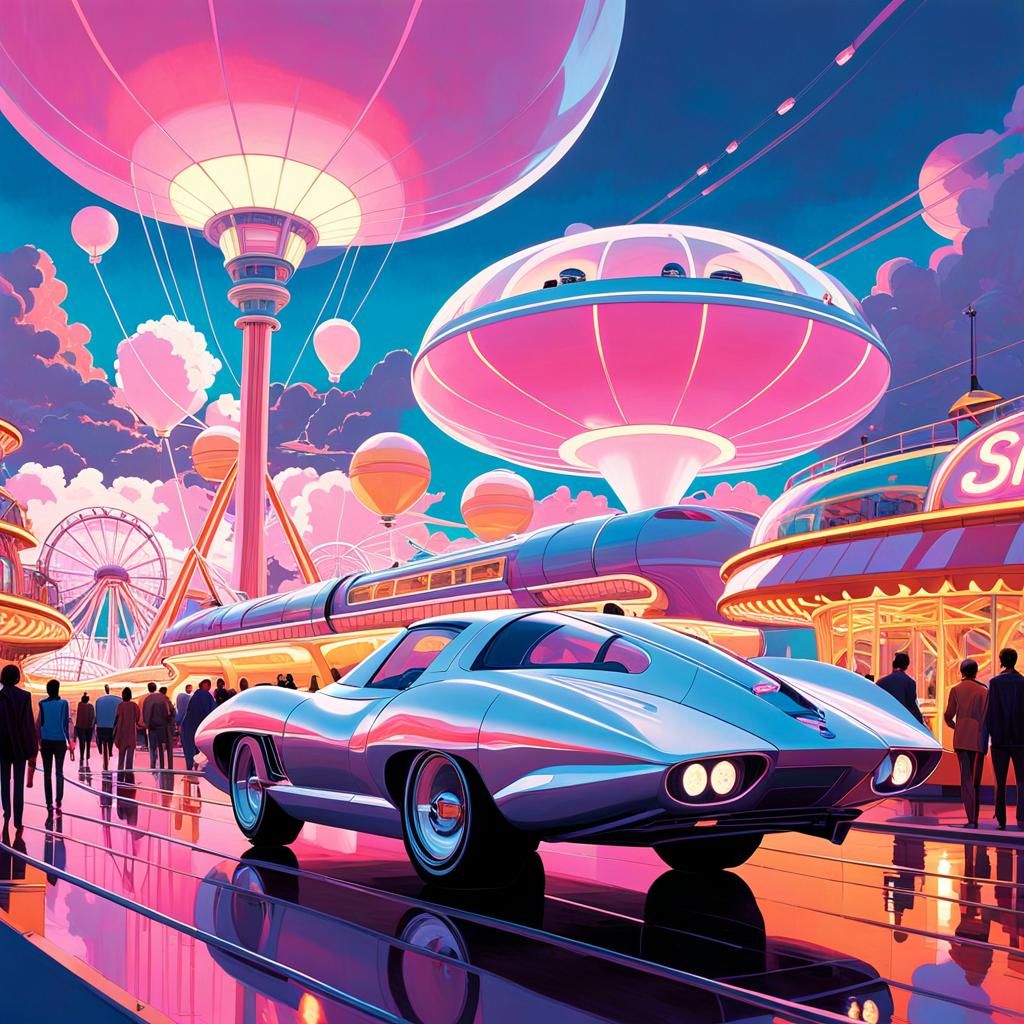 Futuristic Car at Amusement Park, Digital Art