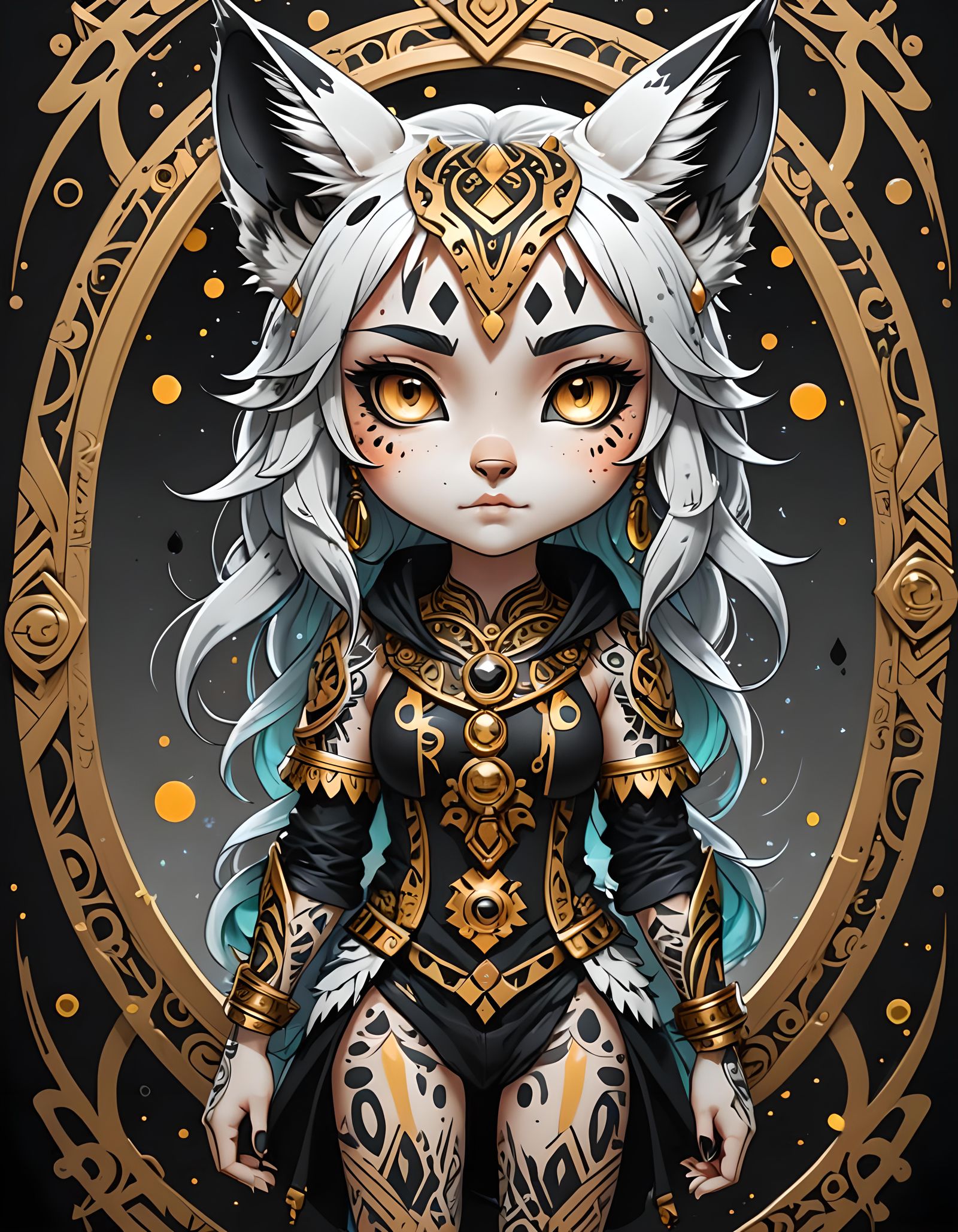 Cute Lynx Girl with Tribal Tattoos in Anime Style