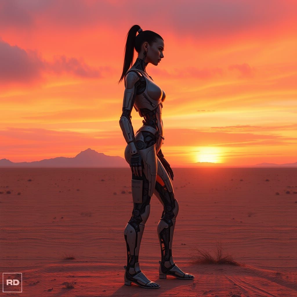 Cyborg Woman in Futuristic Desert Landscape