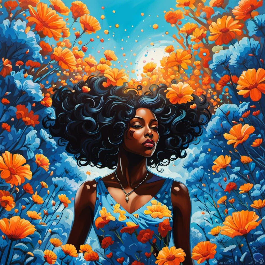 Black Goddess in Blossoming Blue Field, Graffiti Art