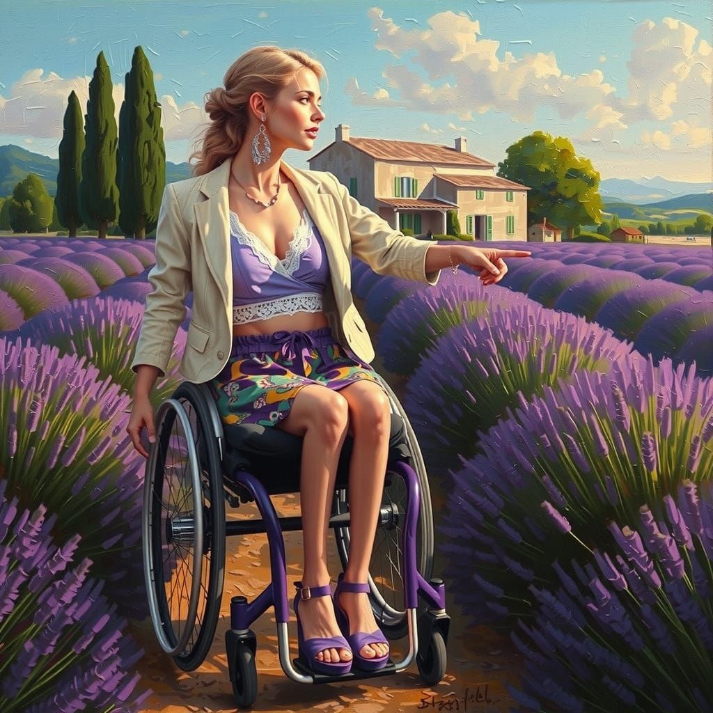 Woman in Wheelchair in Lavender Field, Oil Painting