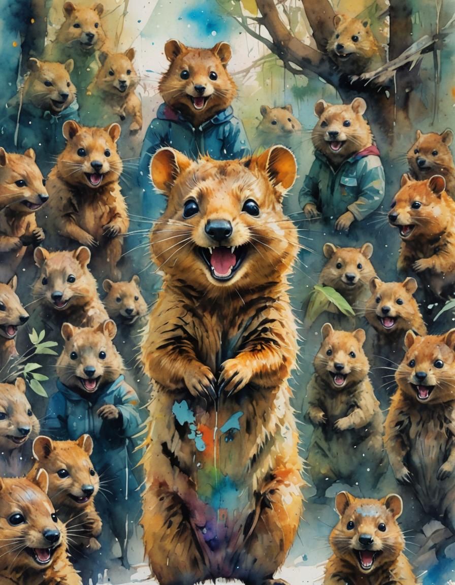 Smiling Quokka in Rainbow Watercolor Style