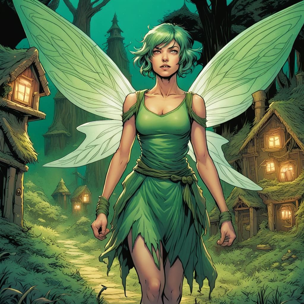 Green-Haired Fairy in a Fairy Village, Comic Book Art