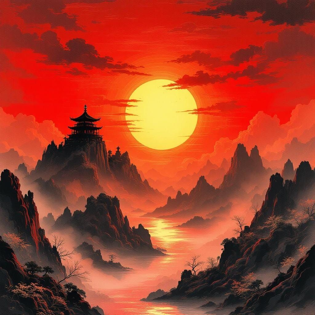 Fiery Red Landscape with Chinese Mountain Shrine
