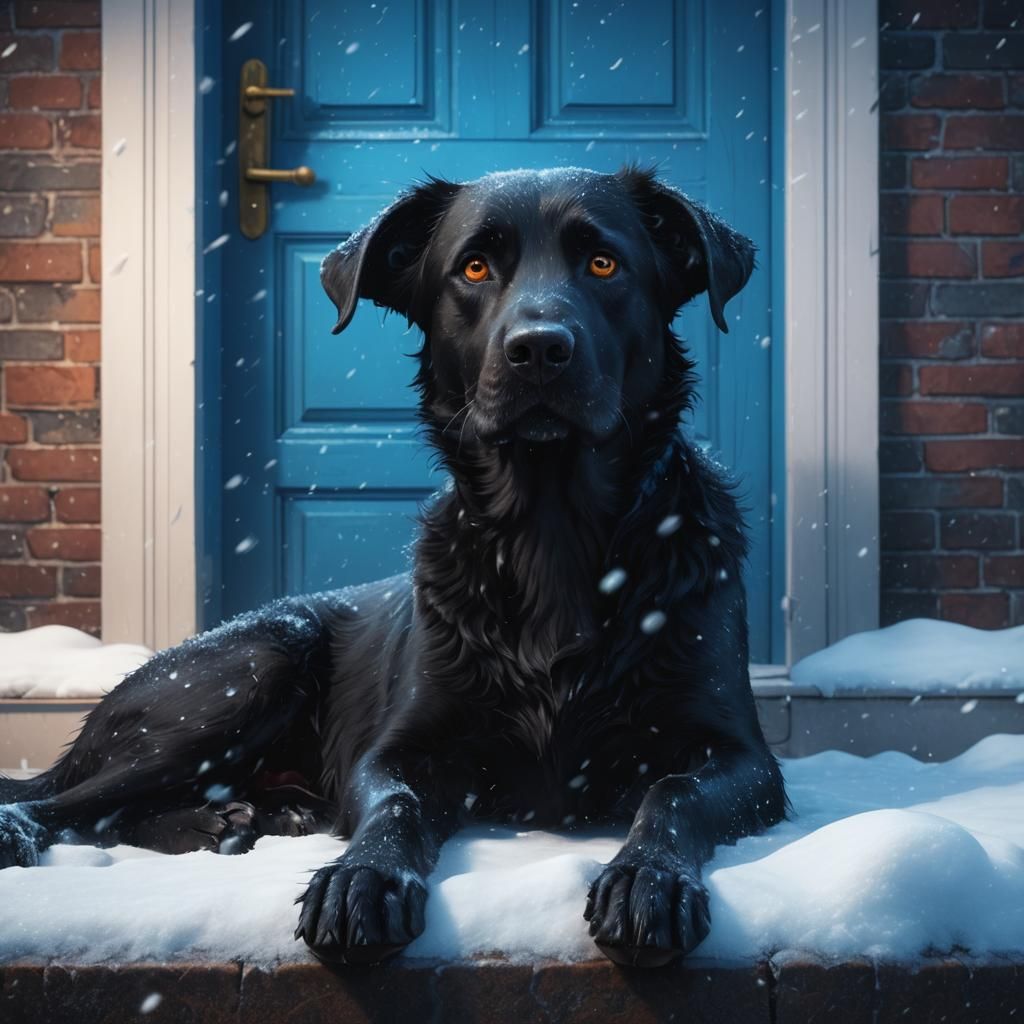Adorable Black Dog in Snowy Scene