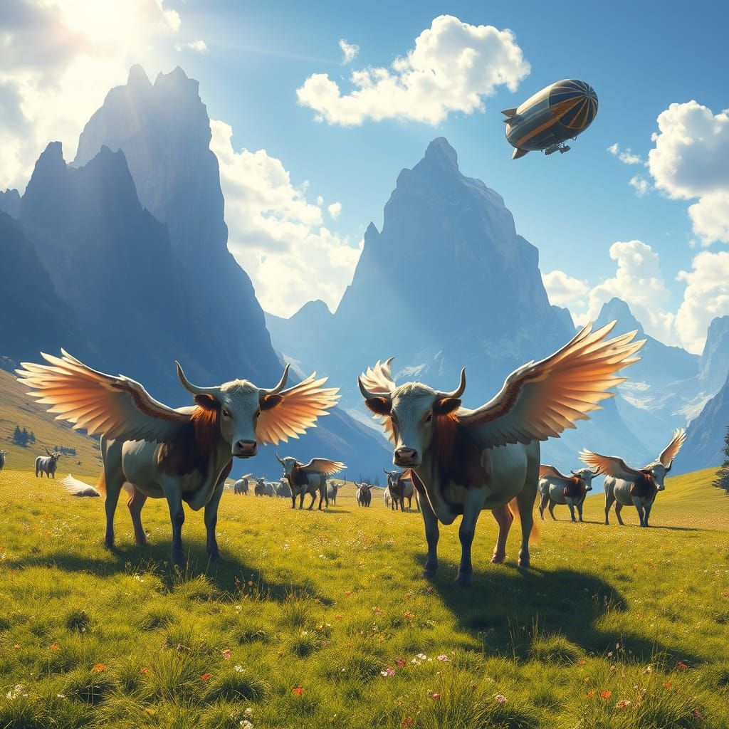 Winged Cows in Swiss Alps High Fantasy Scene