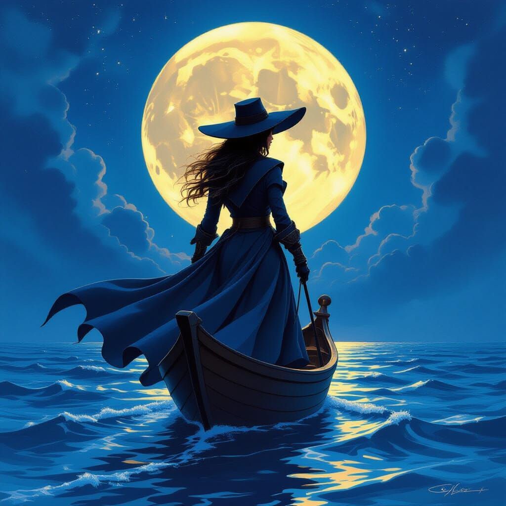 Elf Pirate Woman Sails Moonlit Sea in Fantasy Art Style