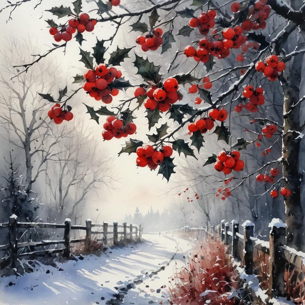 Snow on Holly with Red Berries, Watercolor