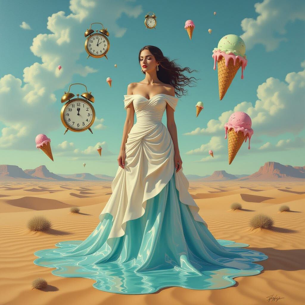 Surreal Desert Woman with Flowing Water Dress