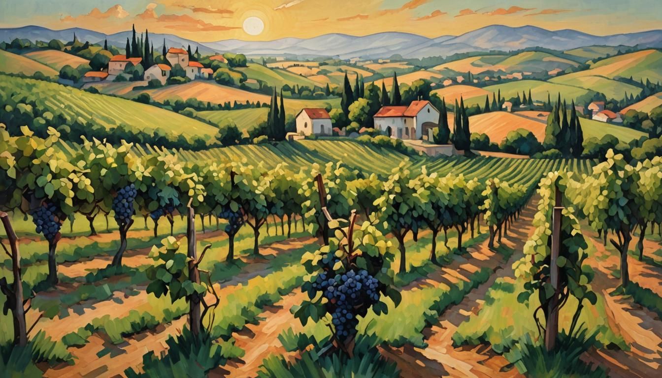 Vineyard at Sunset: An Oil Painting in Cezanne Style