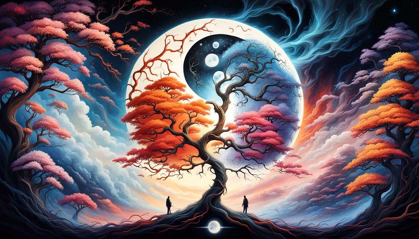 Yin Yang Tree with Fibonacci Spirals in Psychedelic Style