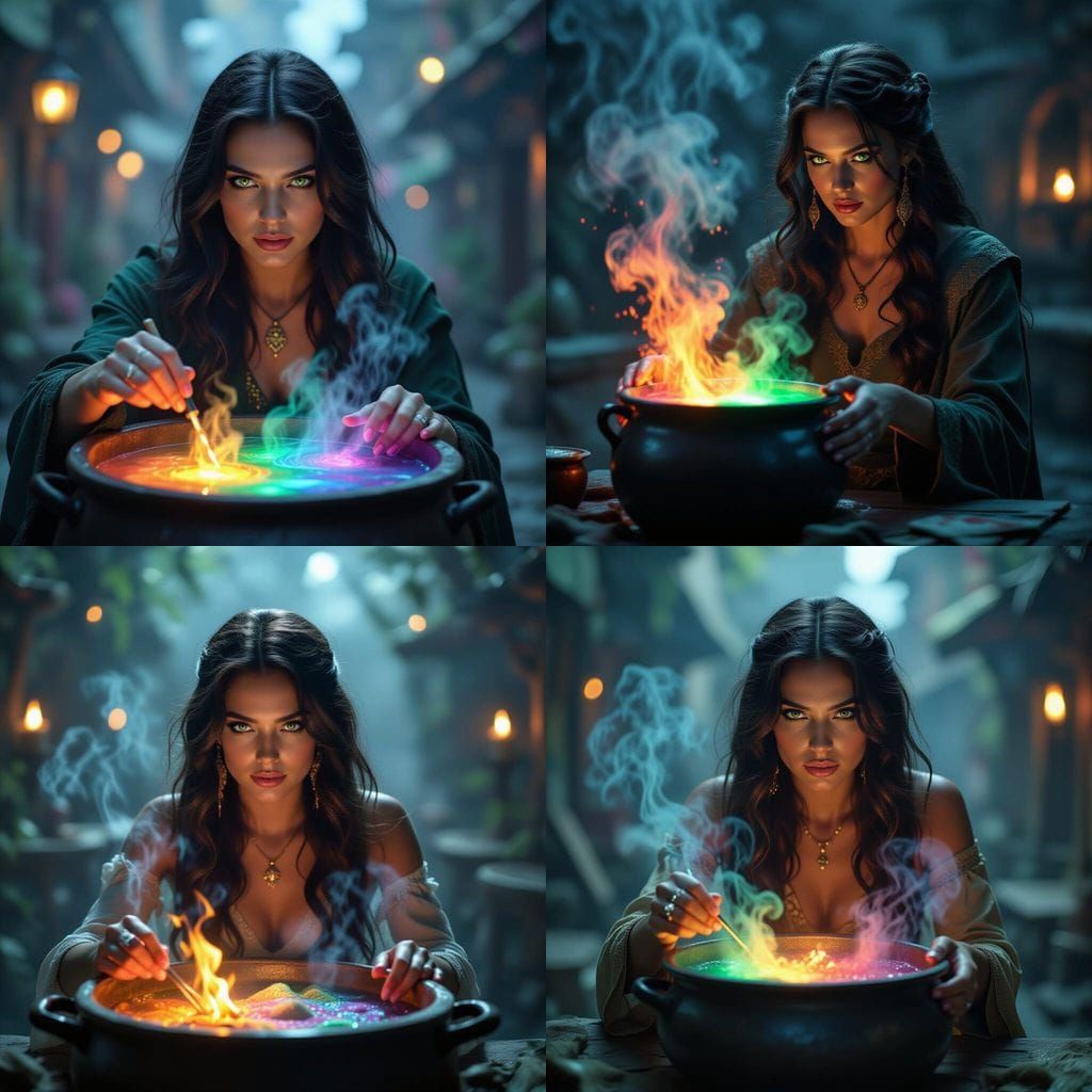 Mysterious Sorceress Brewing Colorful Magic Potions