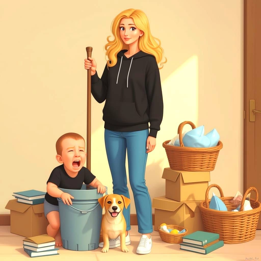 Woman with Mop and Dirty Dishes