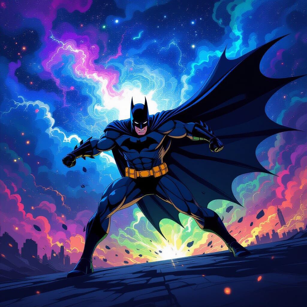 Batman In Action Against Colorful Night Sky