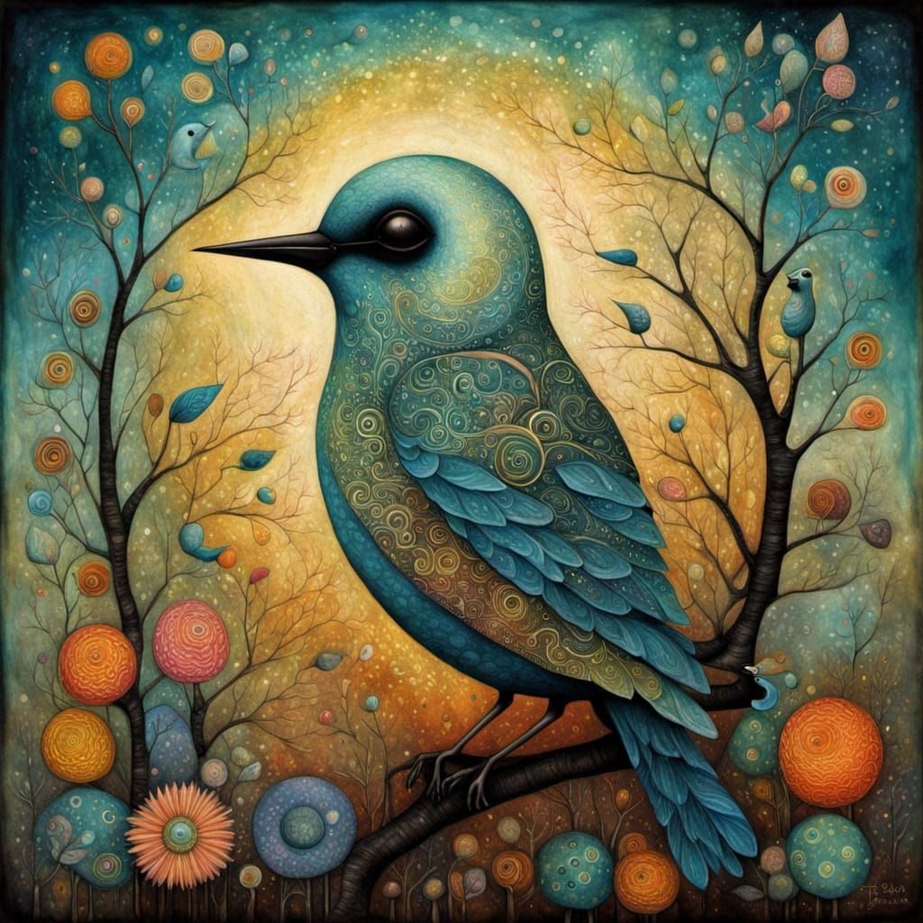 Dreamlike Bird in Whimsical Art Brut Style