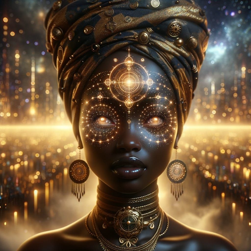 Afrofuturistic Woman with Cosmic Eyes in Dreamy Cityscape