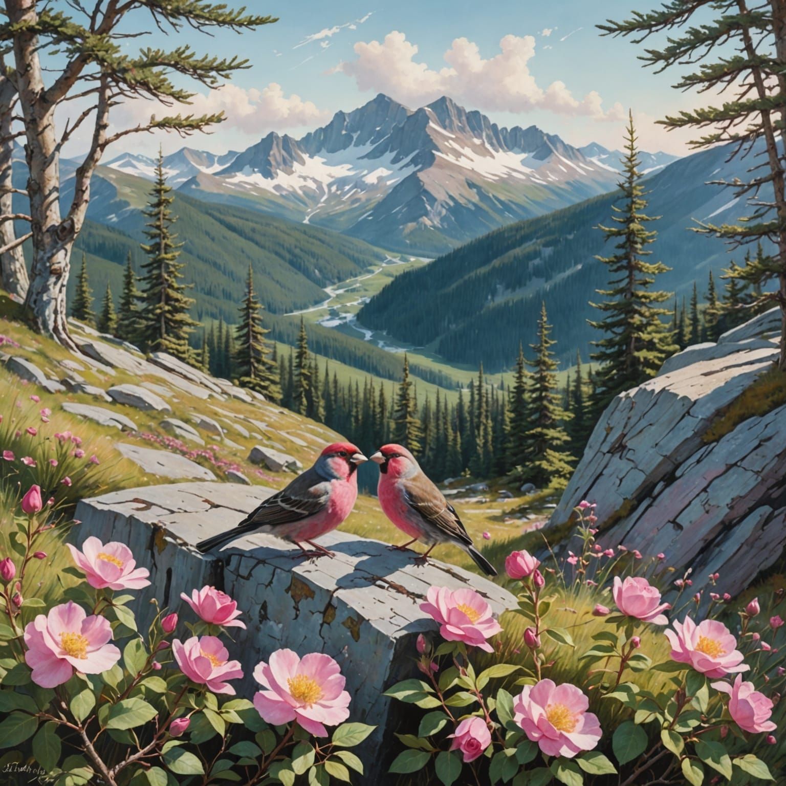 Rosy Finches in Alpine Meadow with Pastel Pencil Rendering