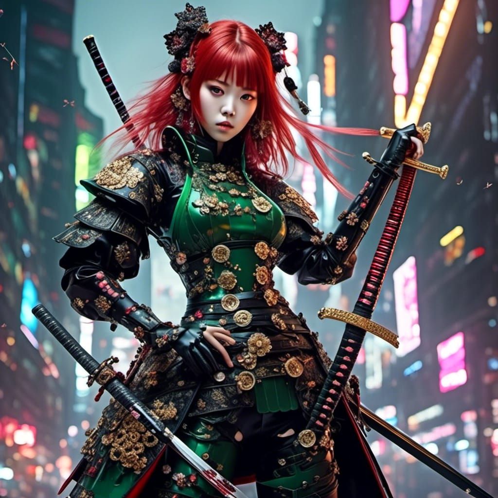 Redhead Samurai Assassin with Futuristic Weaponry