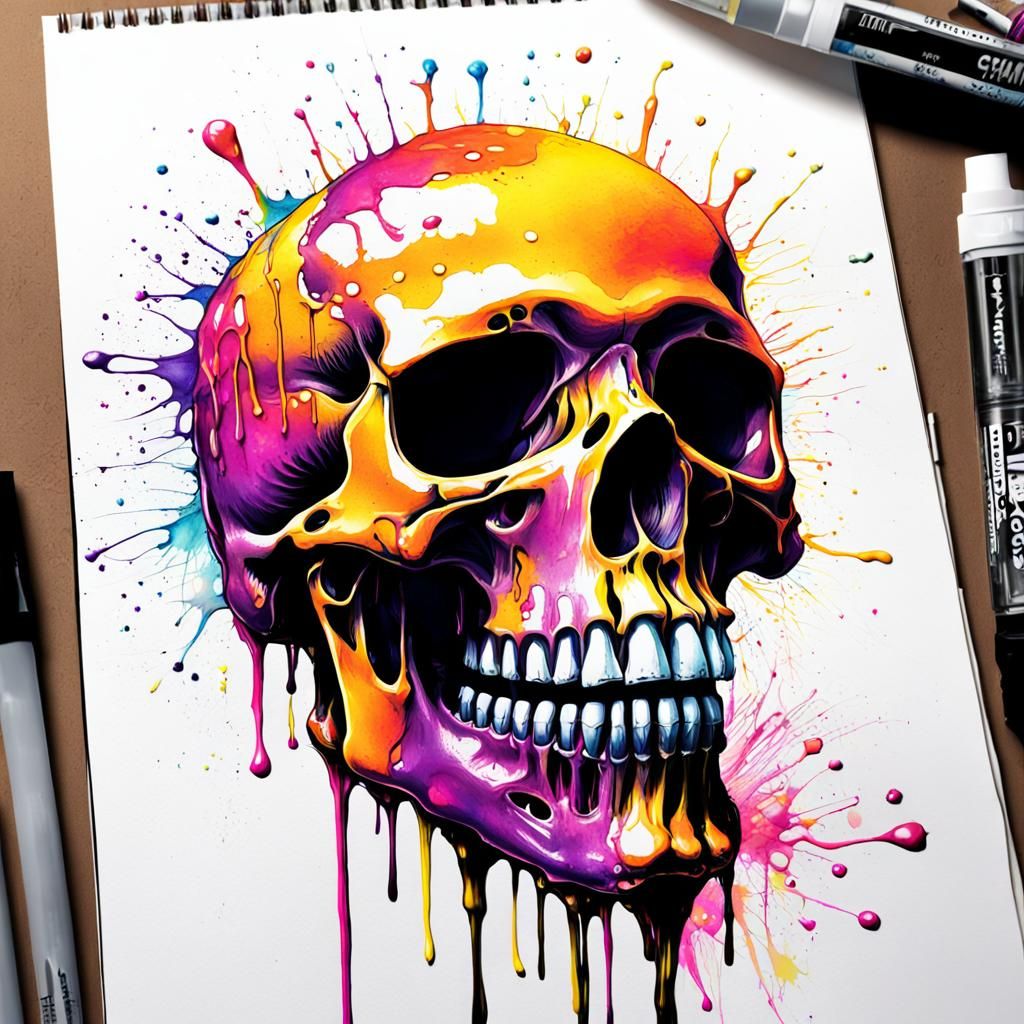 Realistic Skull Ink Drawing with Graffiti Art Elements