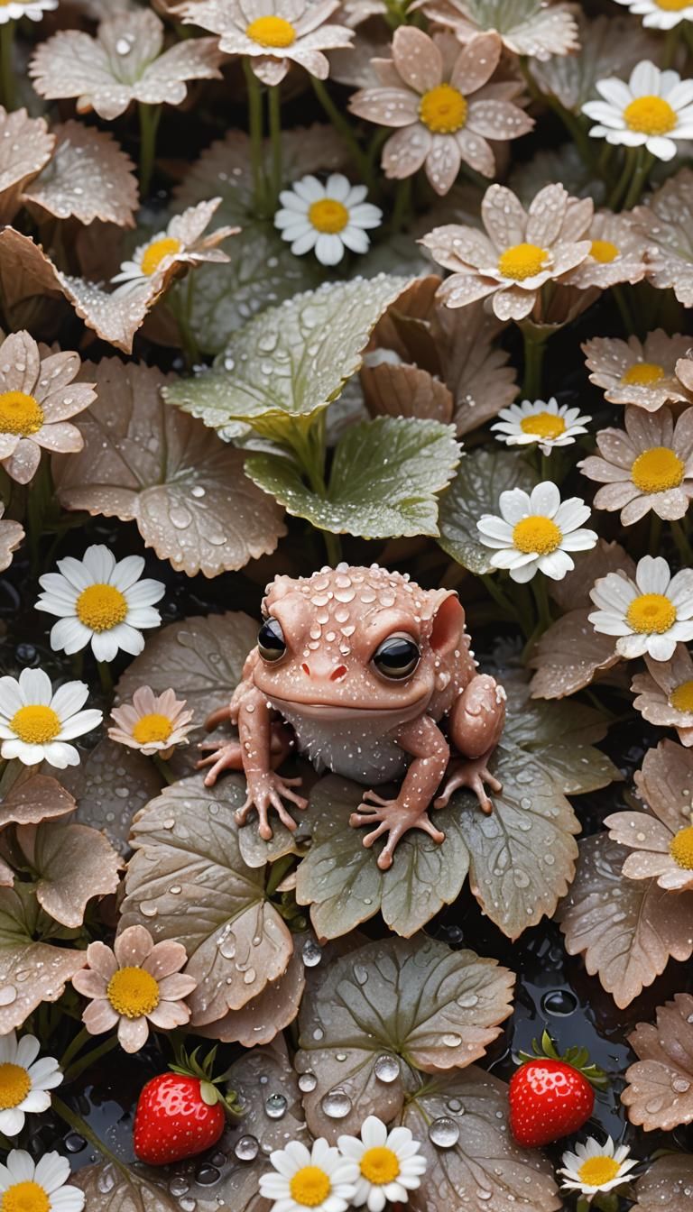 Highly realistic highly detailed macro photography of a cute frozen gremlin, strawberry cute frog , abstract expressioni...