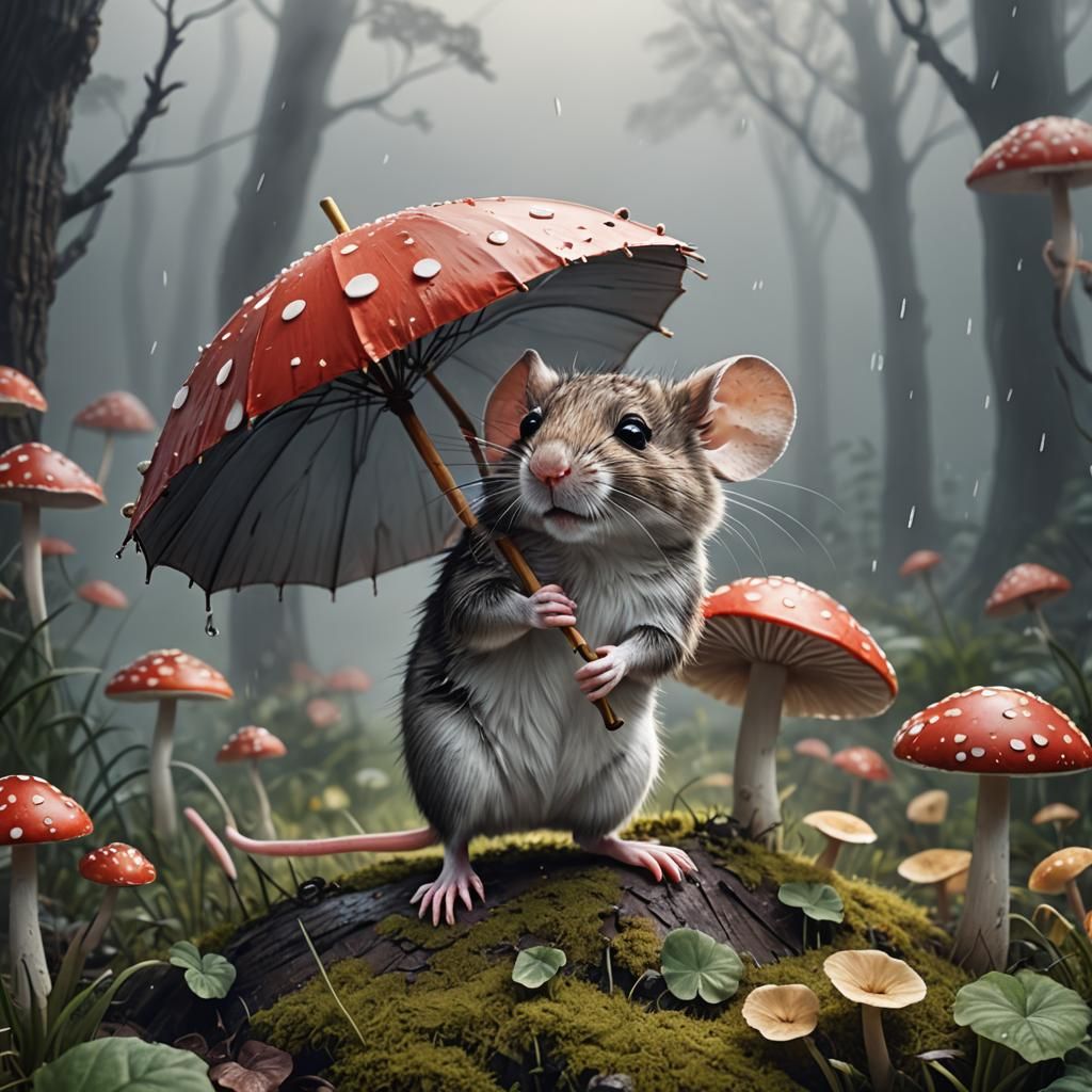 Mouse with Toadstool Umbrella in Foggy Vector Art