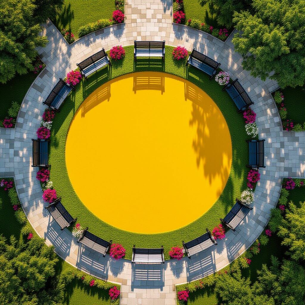 Aerial View of Circular Park Lawn with Sand and Benches