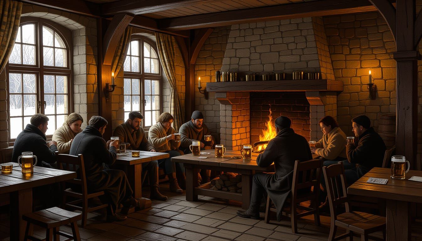 Cozy Tavern Scene by Firelight, Pointillist Texture