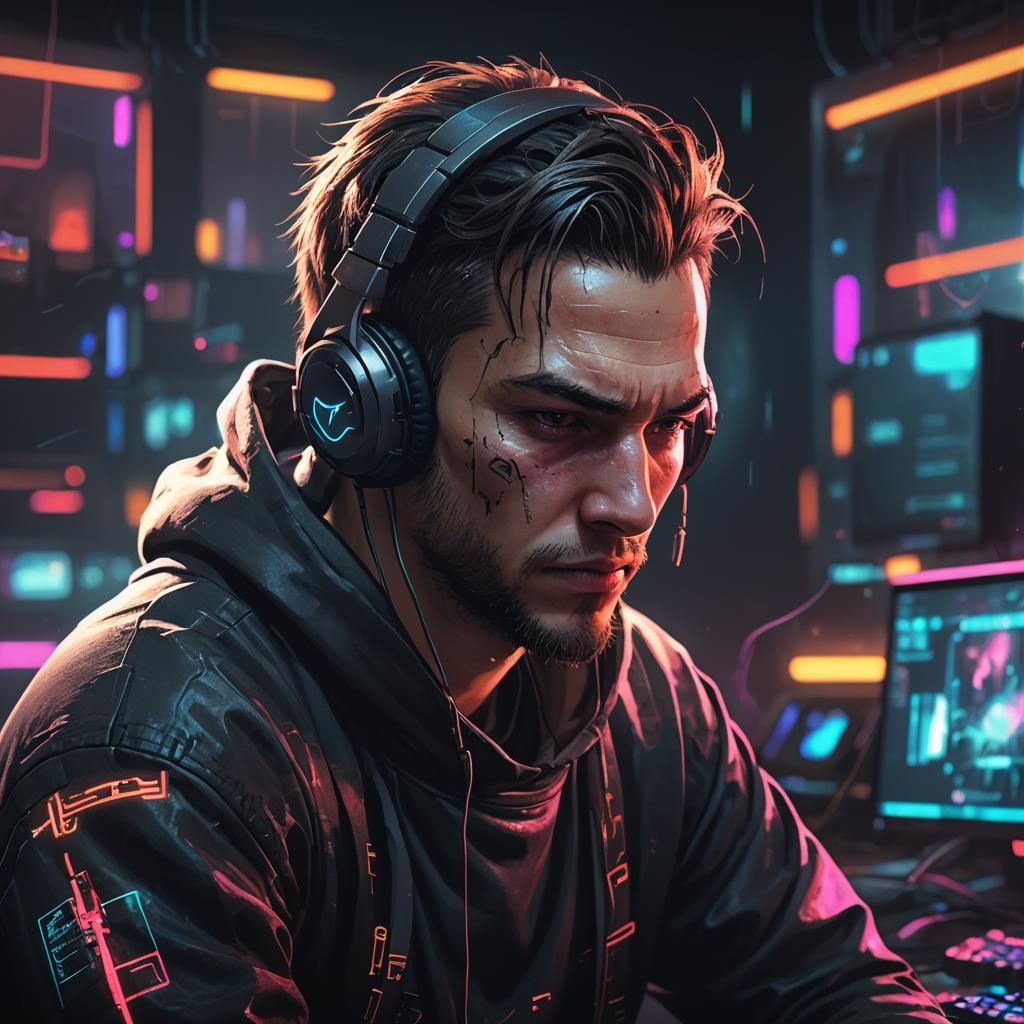 Frustrated Gamer in Cyberpunk Style: Game Over Portrait