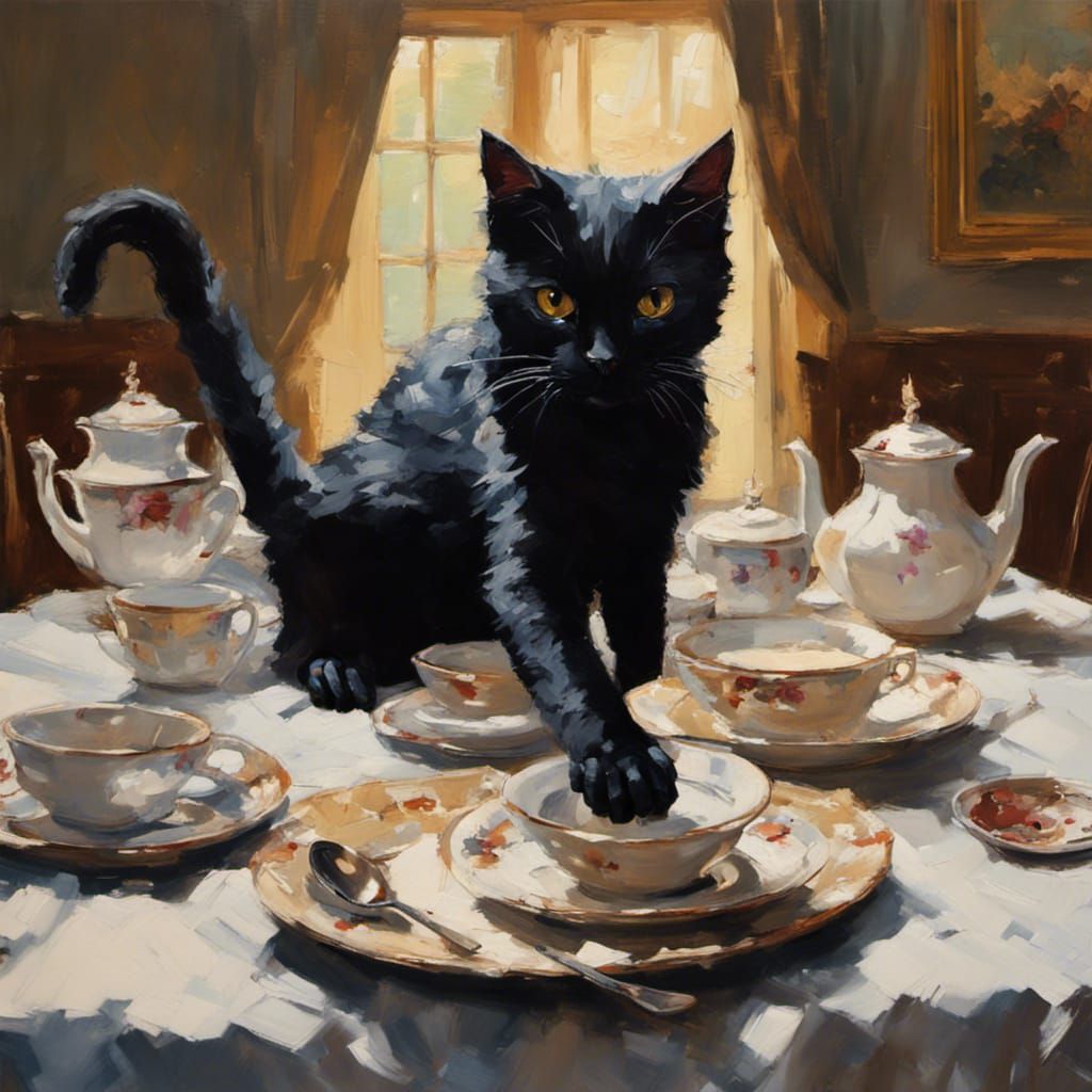 Black Cat Crashes Tea Party as Impasto Painting