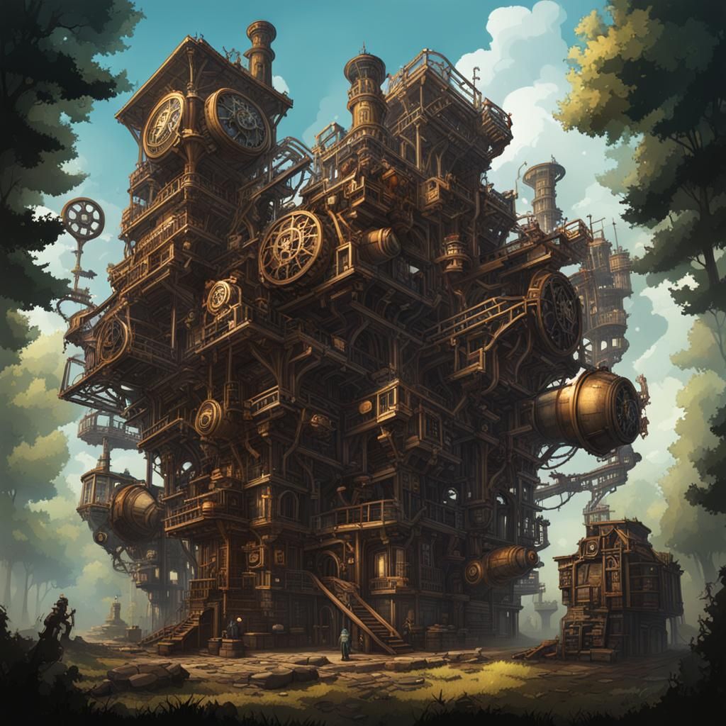 Steampunk Buildings in Forest: Top-Down View