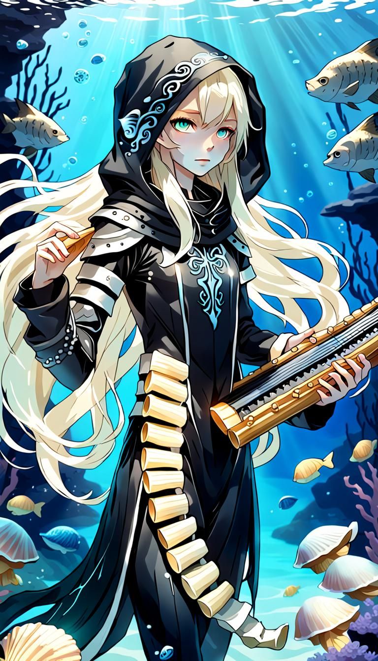 Aquatic Elf with Panflute Swimming Underwater