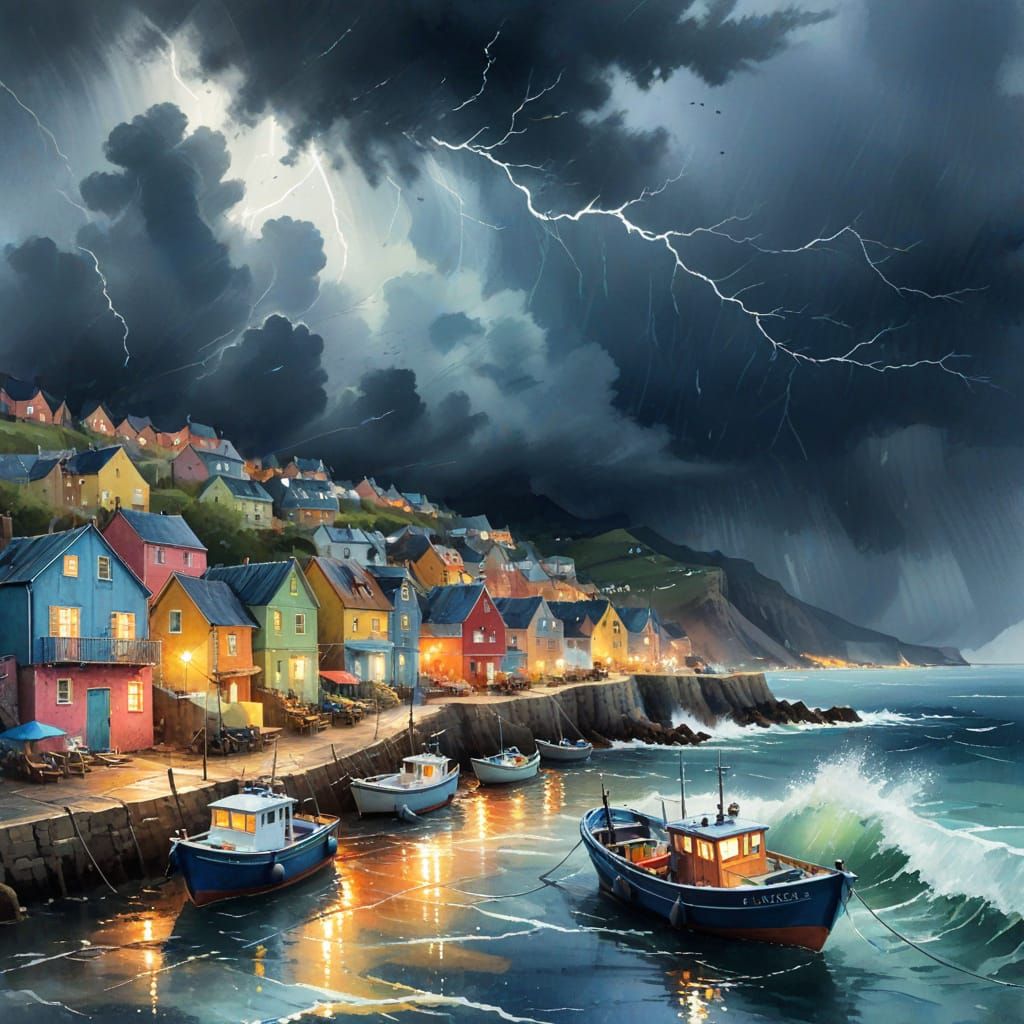Stormy Coastal Village with Boats in Tempestuous Seas