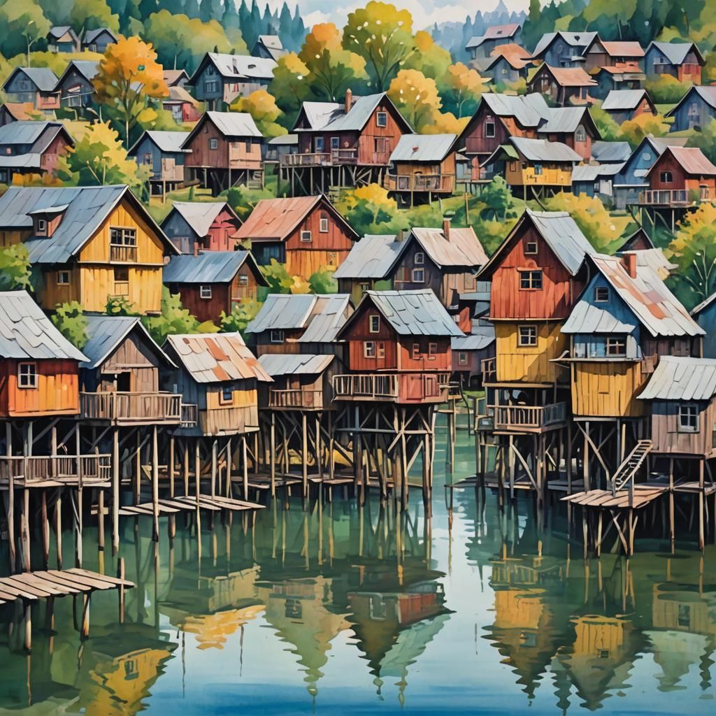 Lakeside Stilt Town in Gouache Impressionist Style