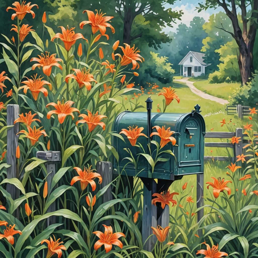 Tiger Lilies Around Rural Mailbox as Gouache Painting