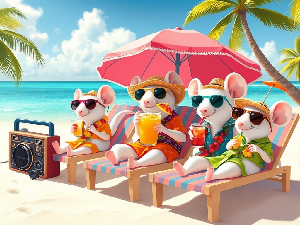 Sunny Beach Mice in Hawaiian Shirts and Sunglasses
