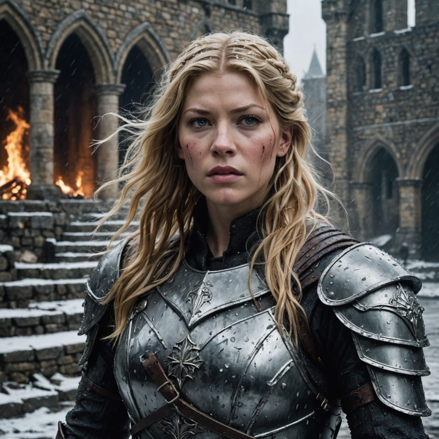 Snowy Ruins: Armored Woman in Hyperrealistic Portrait