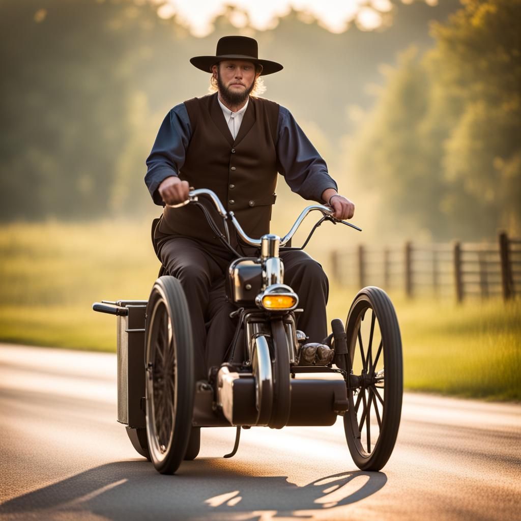 Amish Biker Rides Harley, Pulls Butter Churn