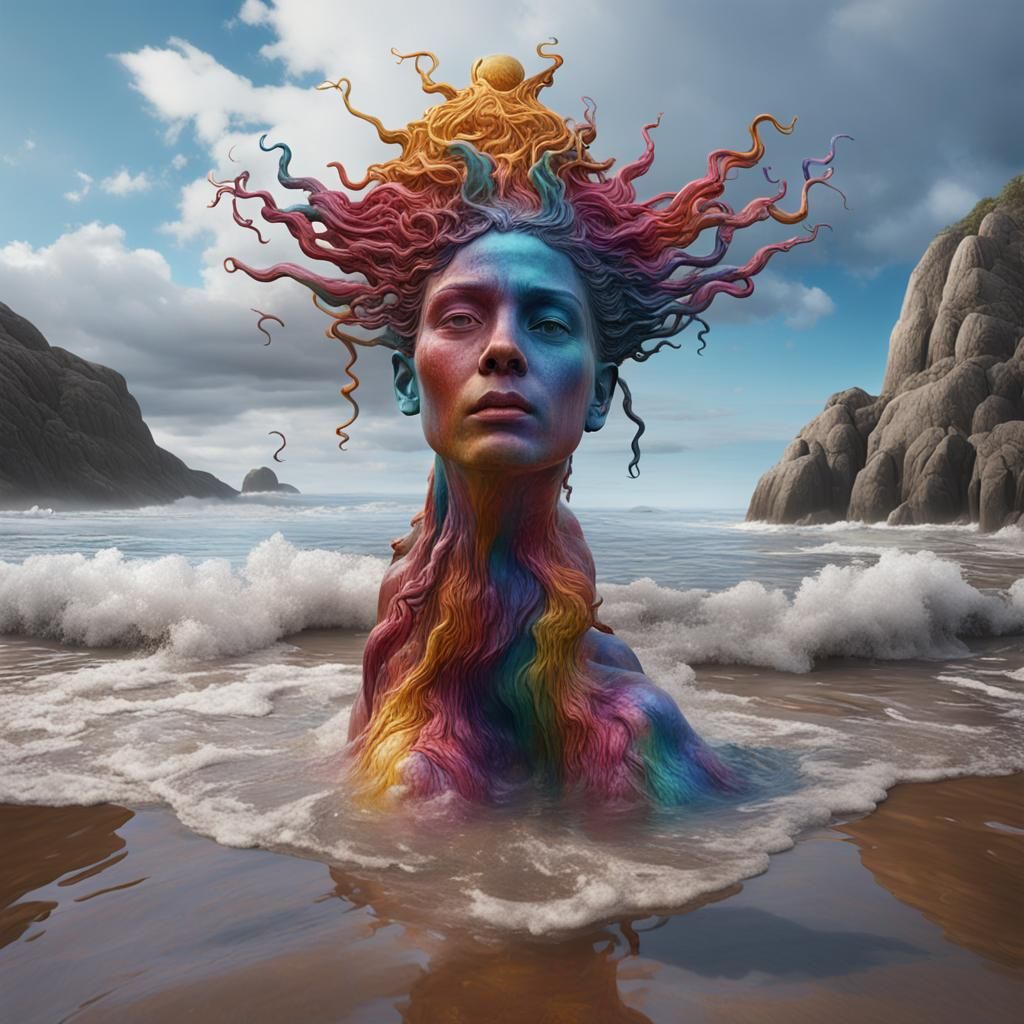 Monumental Human Statue Emerges from Sea: Hyperrealism