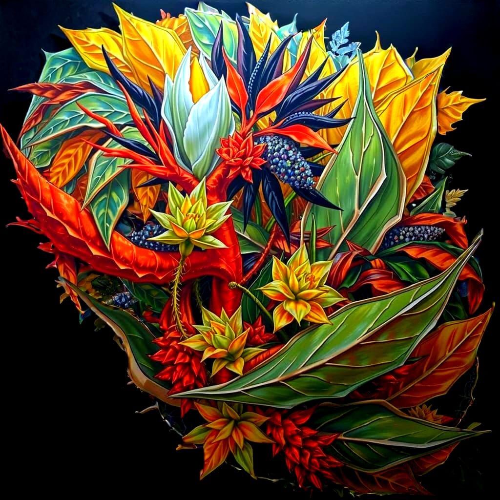 Hyperrealistic Botanical Tapestry with Fractured Flora