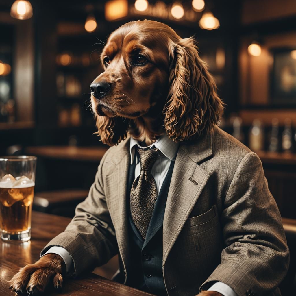 Sad Cocker Spaniel at Bar: Moody Concept Art