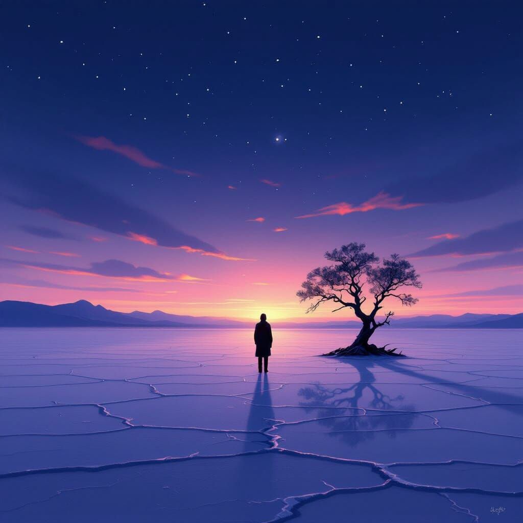 Solitary Figure on Salt Flat Under Twilight Sky